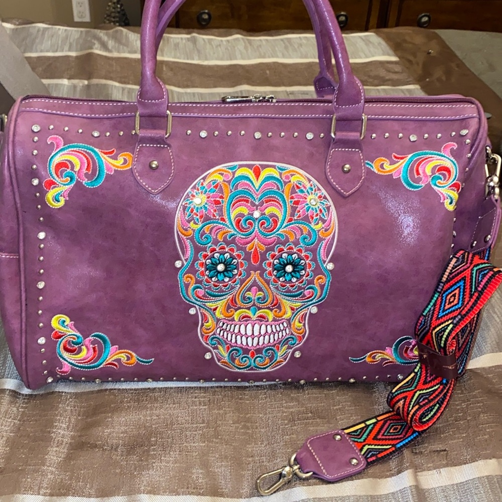 Montana West purple embroidered skull Overnight bag